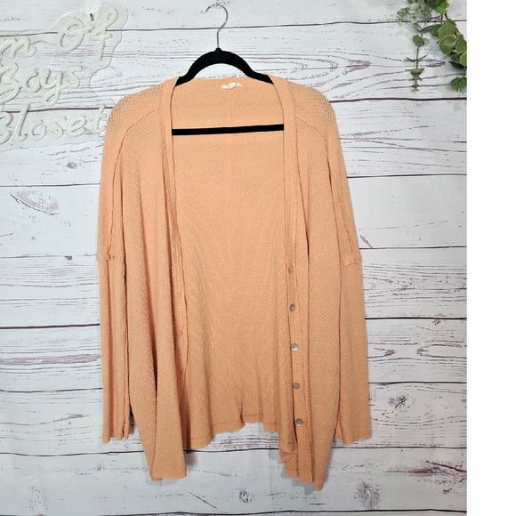 La Miel Peach Waffle Knit Long Sleeve Cardigan Sweater Womans Size Medium - Picture 1 of 8